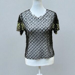 Wo Wo Short Sleeve Sheer Beaded Crop in Black Size Medium